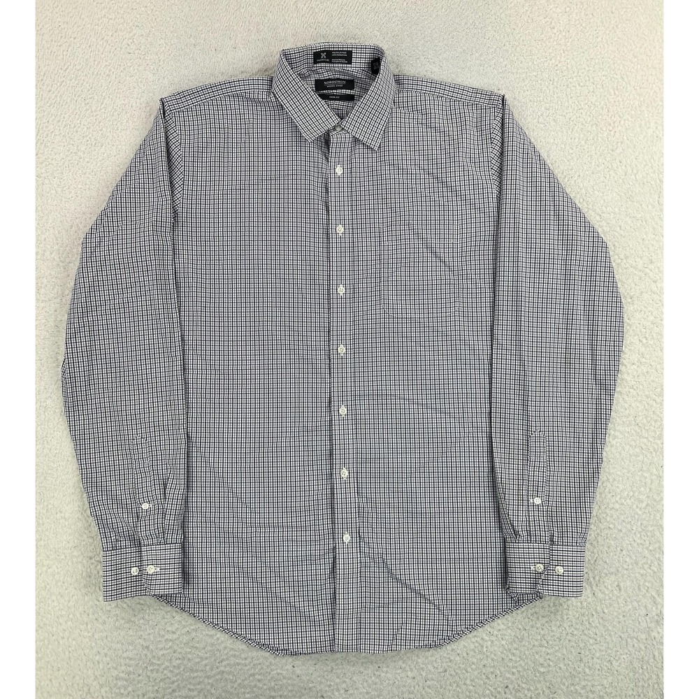 Nordstrom Dress Shirt Mens 16.5 36/37 Blue Check Smartcare Trim Fit LS